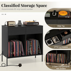 Record Player Stand with Power Outlets and Drawers for Living Room-Black