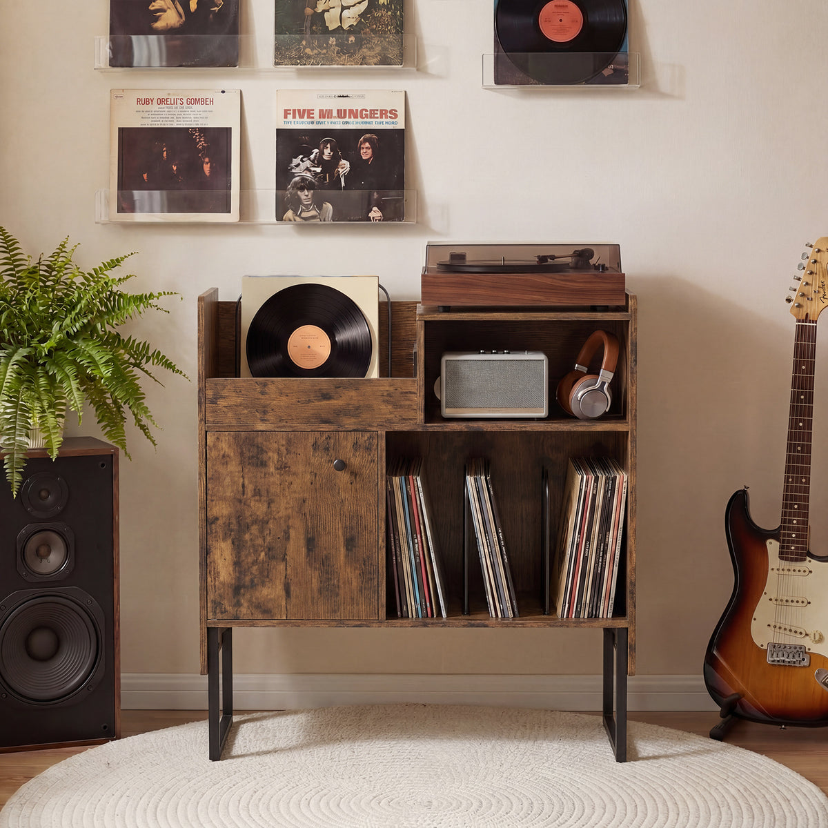 Record Player Stand with Power Outlets and Open Shelf-Rustic Brown