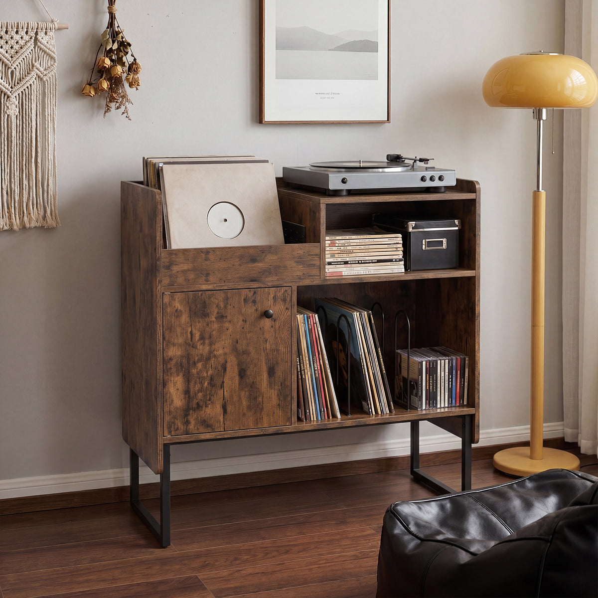 Record Player Stand with Power Outlets and Open Shelf-Rustic Brown