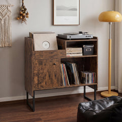 Record Player Stand with Power Outlets and Open Shelf-Rustic Brown