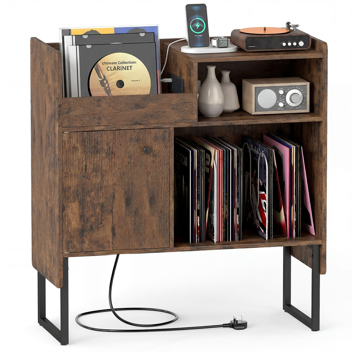 Record Player Stand with Power Outlets and Open Shelf-Rustic Brown