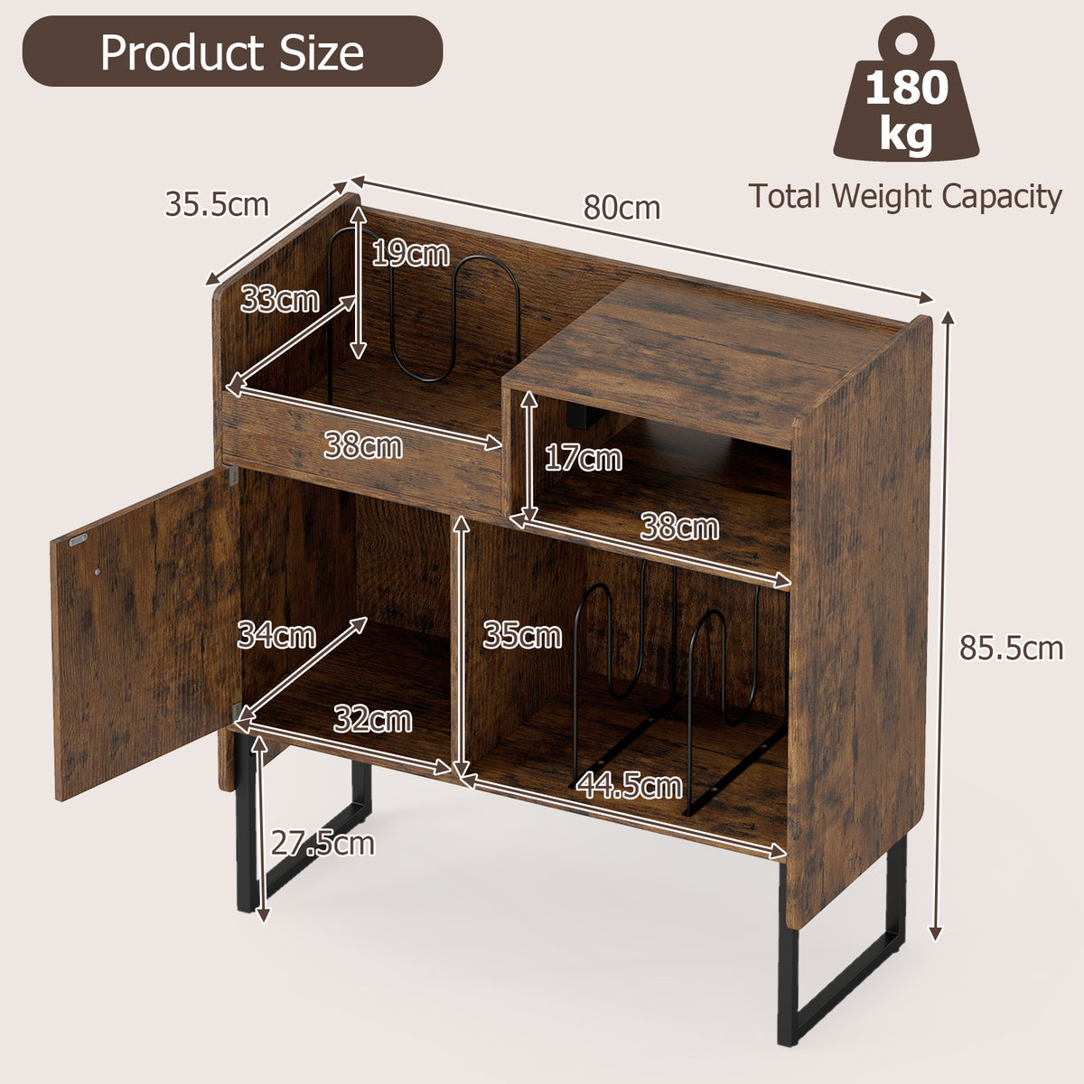 Record Player Stand with Power Outlets and Open Shelf-Rustic Brown