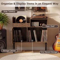 Record Player Stand with Power Outlets and Open Shelf-Rustic Brown