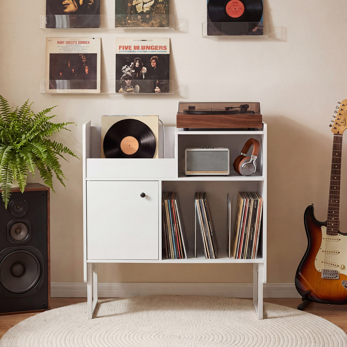 Record Player Stand with Power Outlets and Open Shelf-White