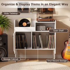 Record Player Stand with Power Outlets and Open Shelf-White
