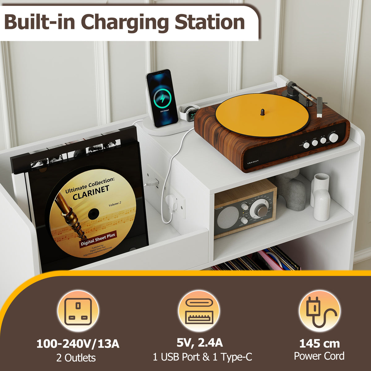 Record Player Stand with Power Outlets and Open Shelf-White