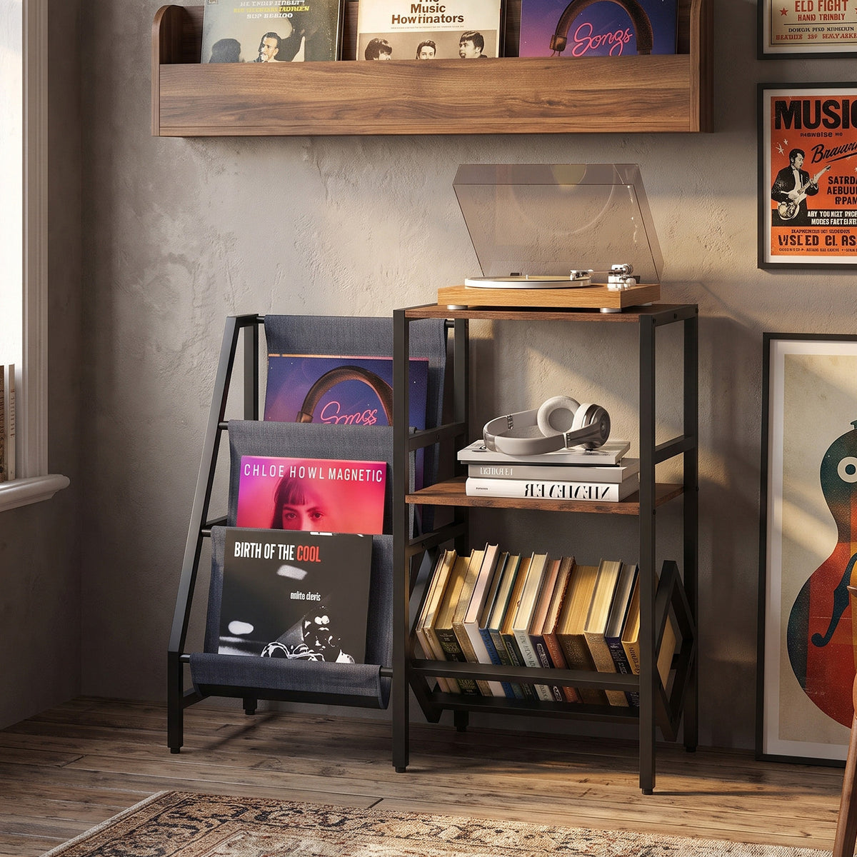 Record Player Stand with Vinyl Record Storage Shelf for 400+ Albums-Rustic Brown