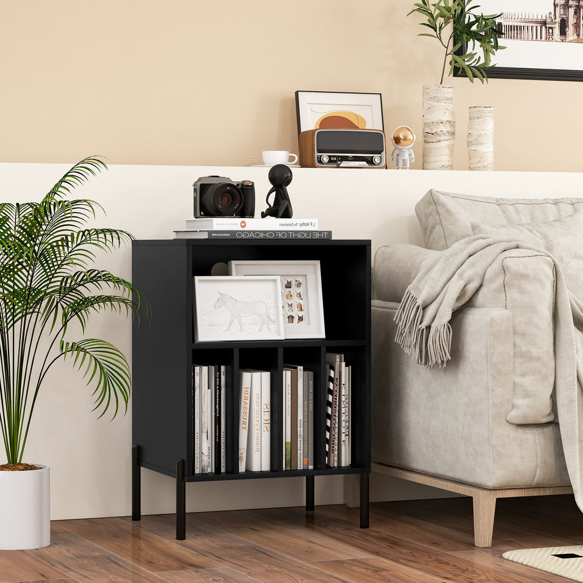 Record Player Stand Turntable Stand with Charging Station-Black