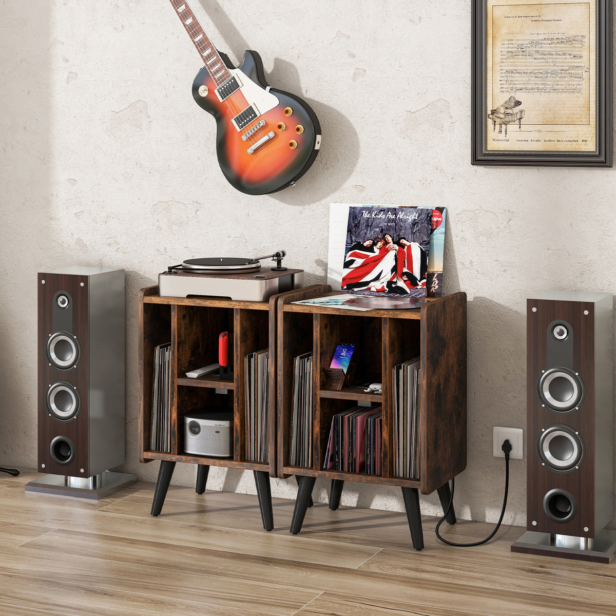 Record Player Stand with 4 Open Shelves Power Outlet USB Charging Port-Brown
