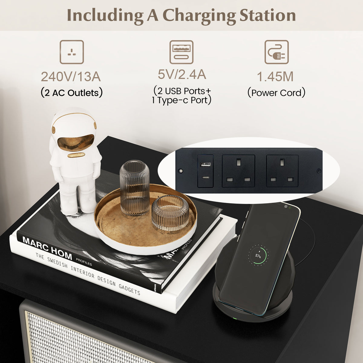 Record Player Stand Turntable Stand with Charging Station-Black