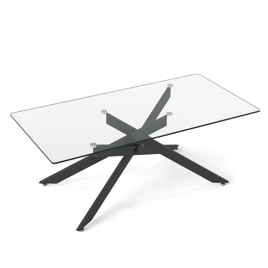 Rectangle Glass Coffee Table with Tempered Glass Top and Metal Tubular Legs-Black