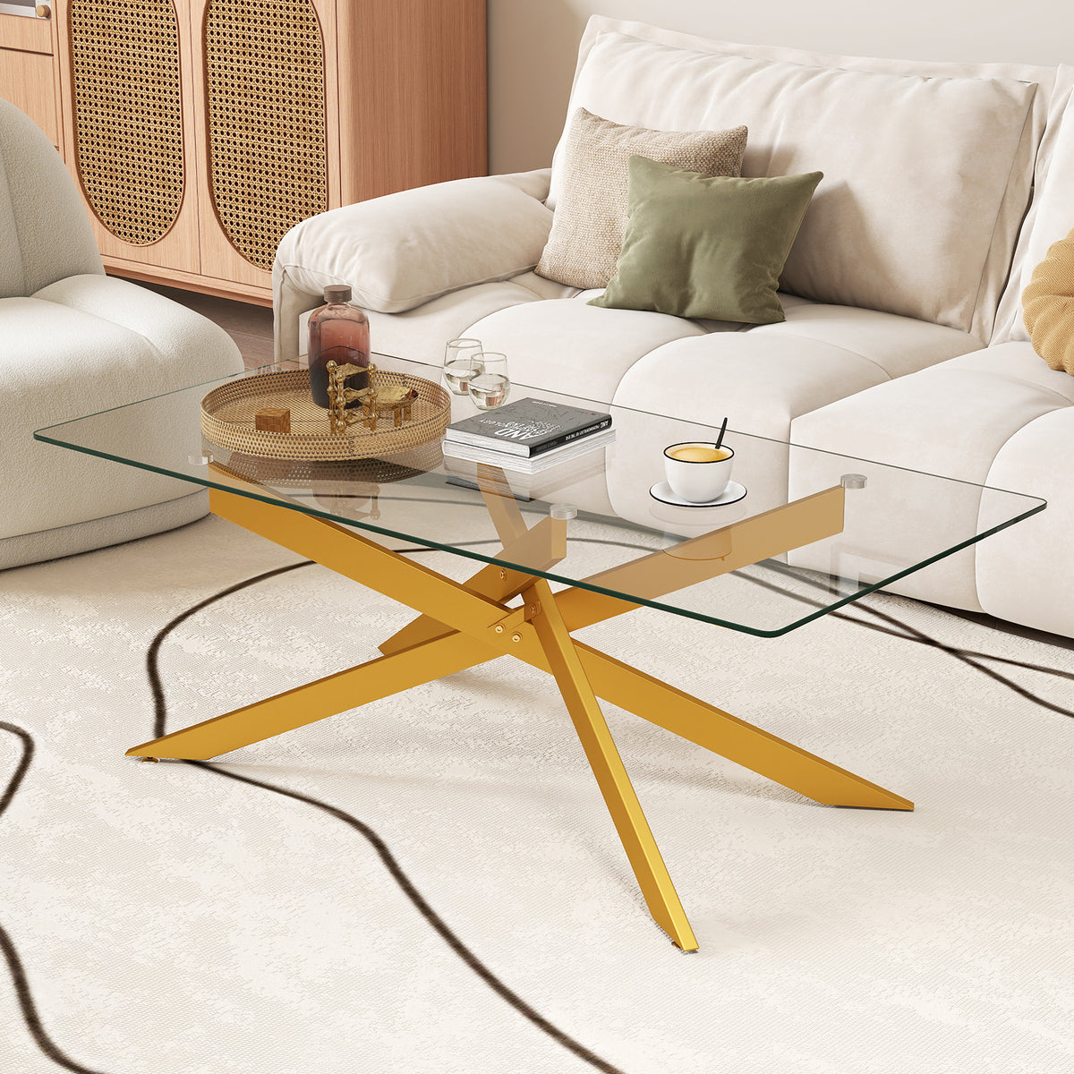 Rectangle Glass Coffee Table with Tempered Glass Top and Metal Tubular Legs-Golden