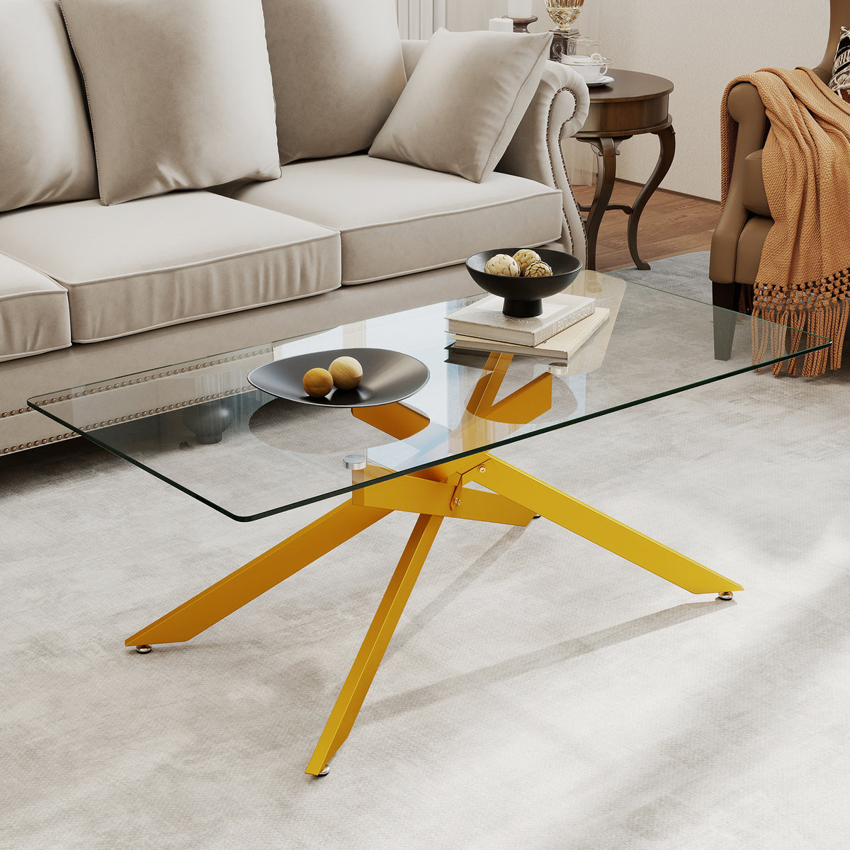Rectangle Glass Coffee Table with Tempered Glass Top and Metal Tubular Legs-Golden