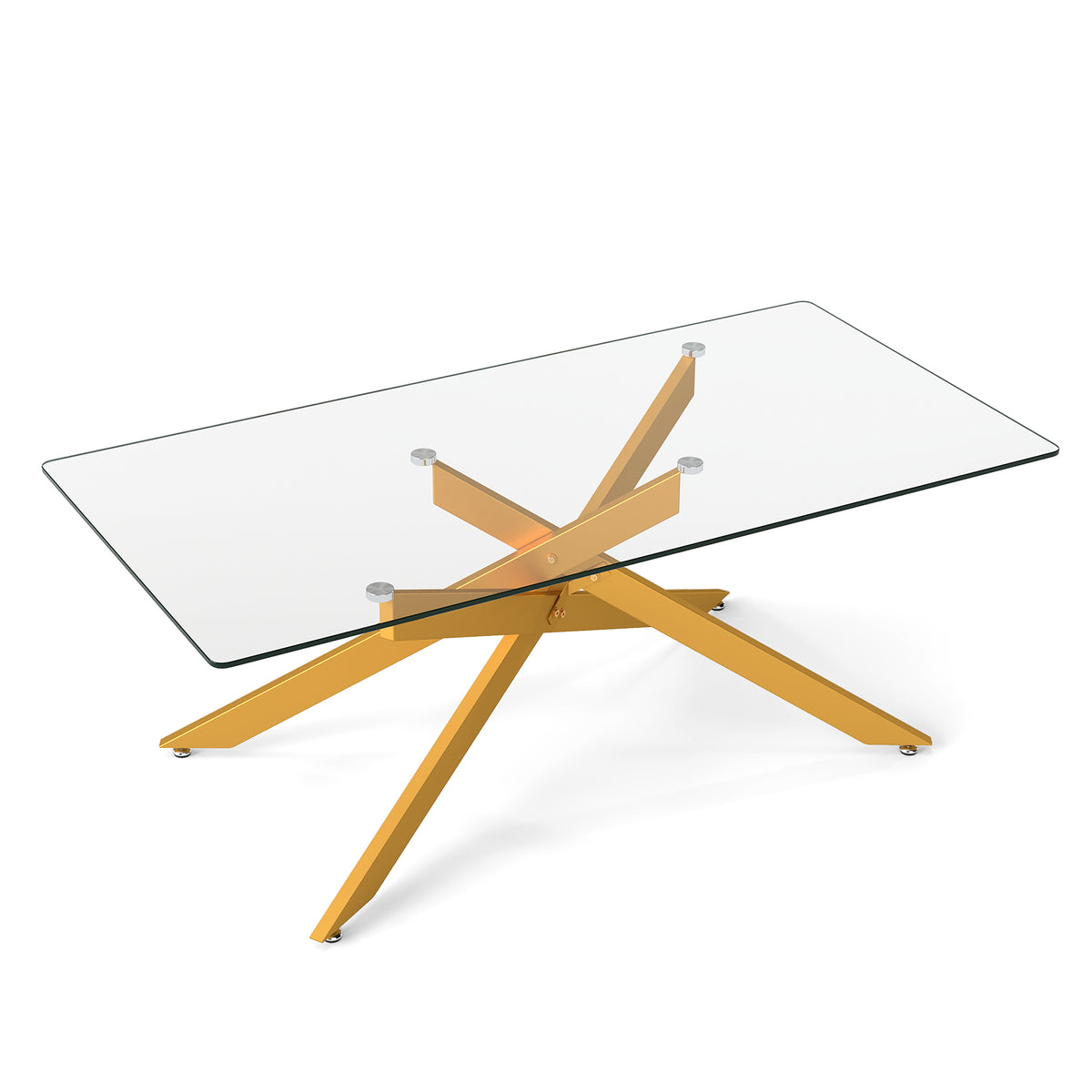 Rectangle Glass Coffee Table with Tempered Glass Top and Metal Tubular Legs-Golden