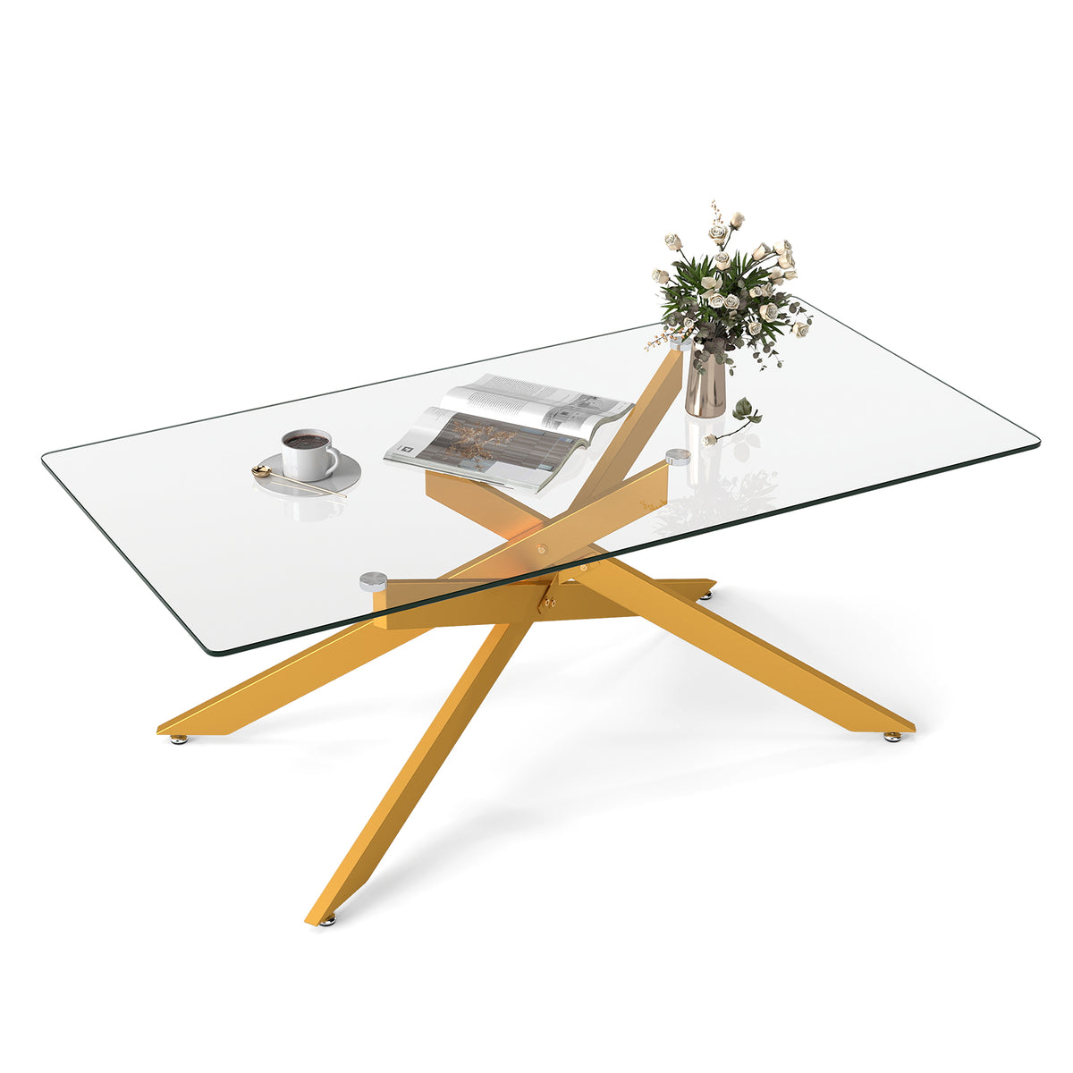 Rectangle Glass Coffee Table with Tempered Glass Top and Metal Tubular Legs-Golden