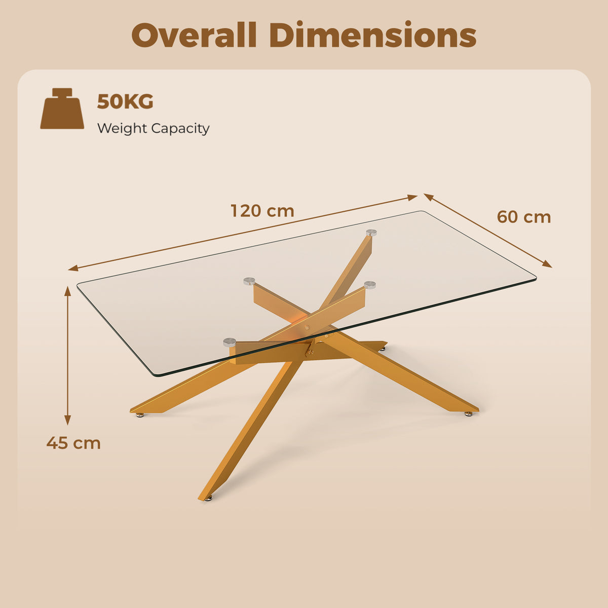 Rectangle Glass Coffee Table with Tempered Glass Top and Metal Tubular Legs-Golden