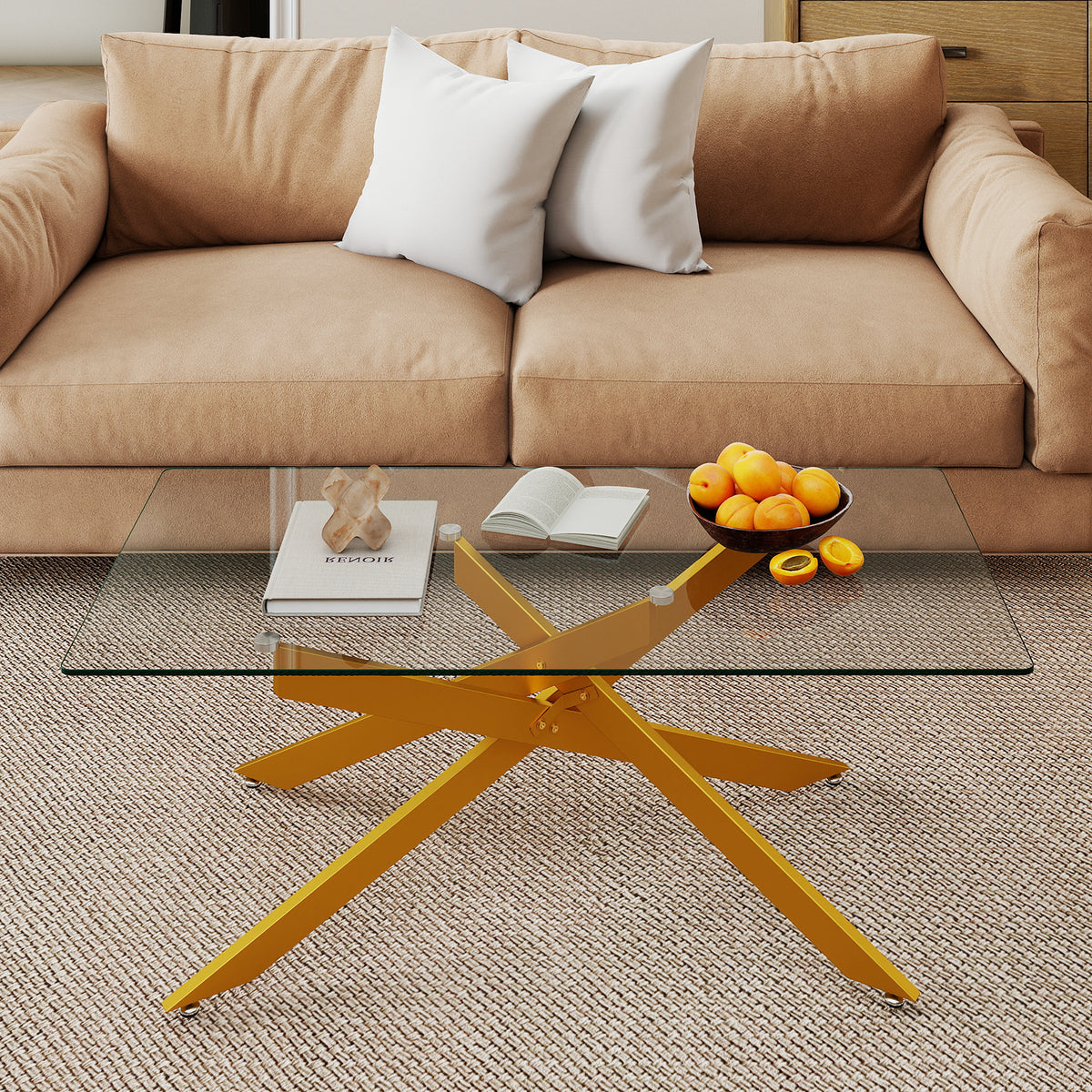 Rectangle Glass Coffee Table with Tempered Glass Top and Metal Tubular Legs-Golden