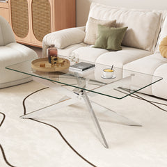 Rectangle Glass Coffee Table with Tempered Glass Top and Metal Tubular Legs-Silver