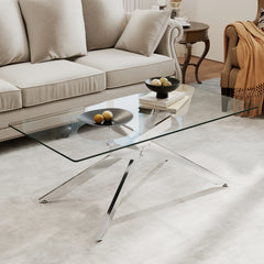 Rectangle Glass Coffee Table with Tempered Glass Top and Metal Tubular Legs-Silver