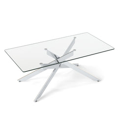 Rectangle Glass Coffee Table with Tempered Glass Top and Metal Tubular Legs-Silver