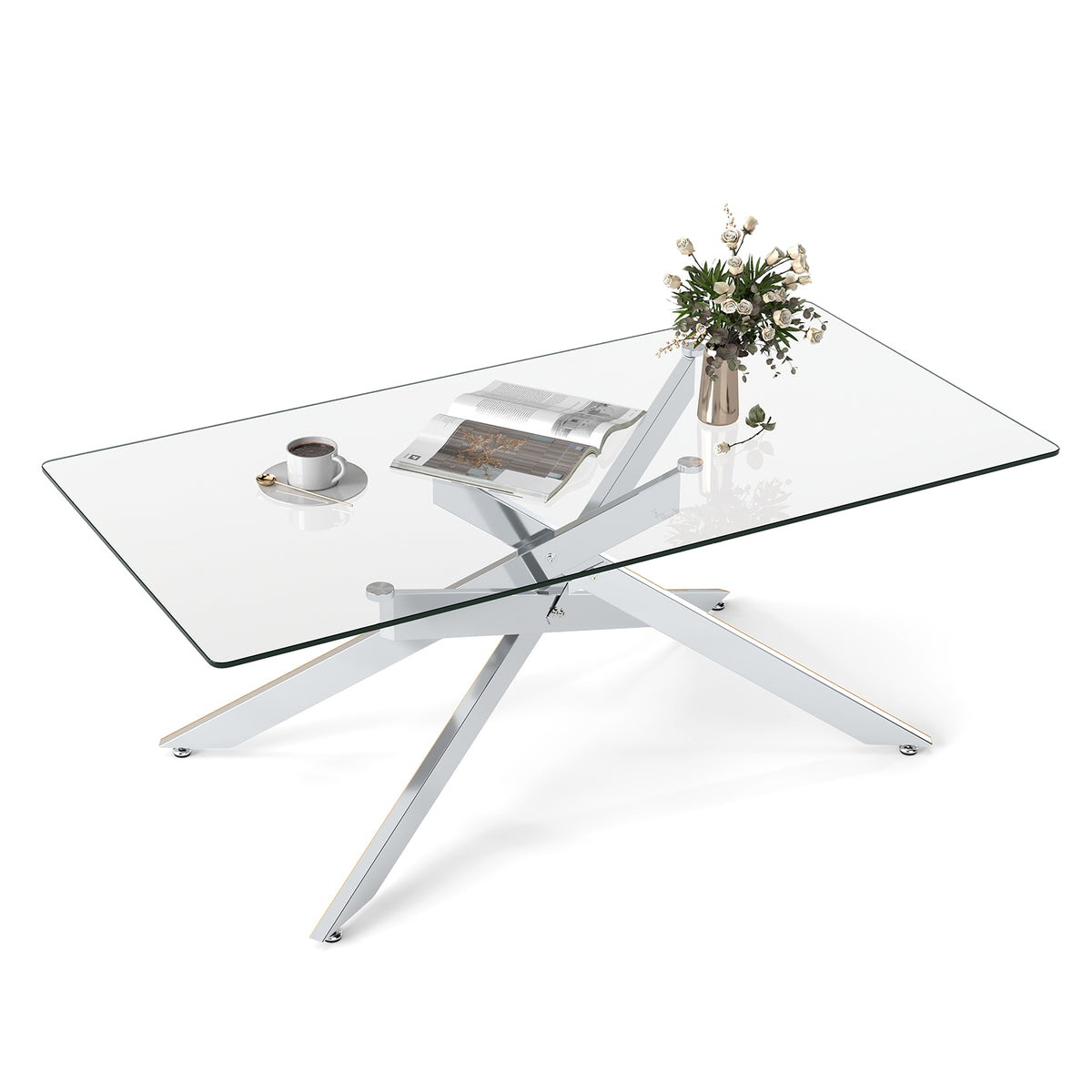 Rectangle Glass Coffee Table with Tempered Glass Top and Metal Tubular Legs-Silver