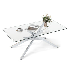Rectangle Glass Coffee Table with Tempered Glass Top and Metal Tubular Legs-Silver