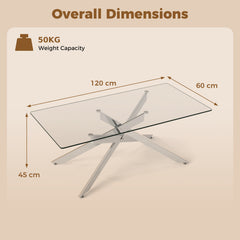 Rectangle Glass Coffee Table with Tempered Glass Top and Metal Tubular Legs-Silver