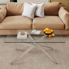 Rectangle Glass Coffee Table with Tempered Glass Top and Metal Tubular Legs-Silver