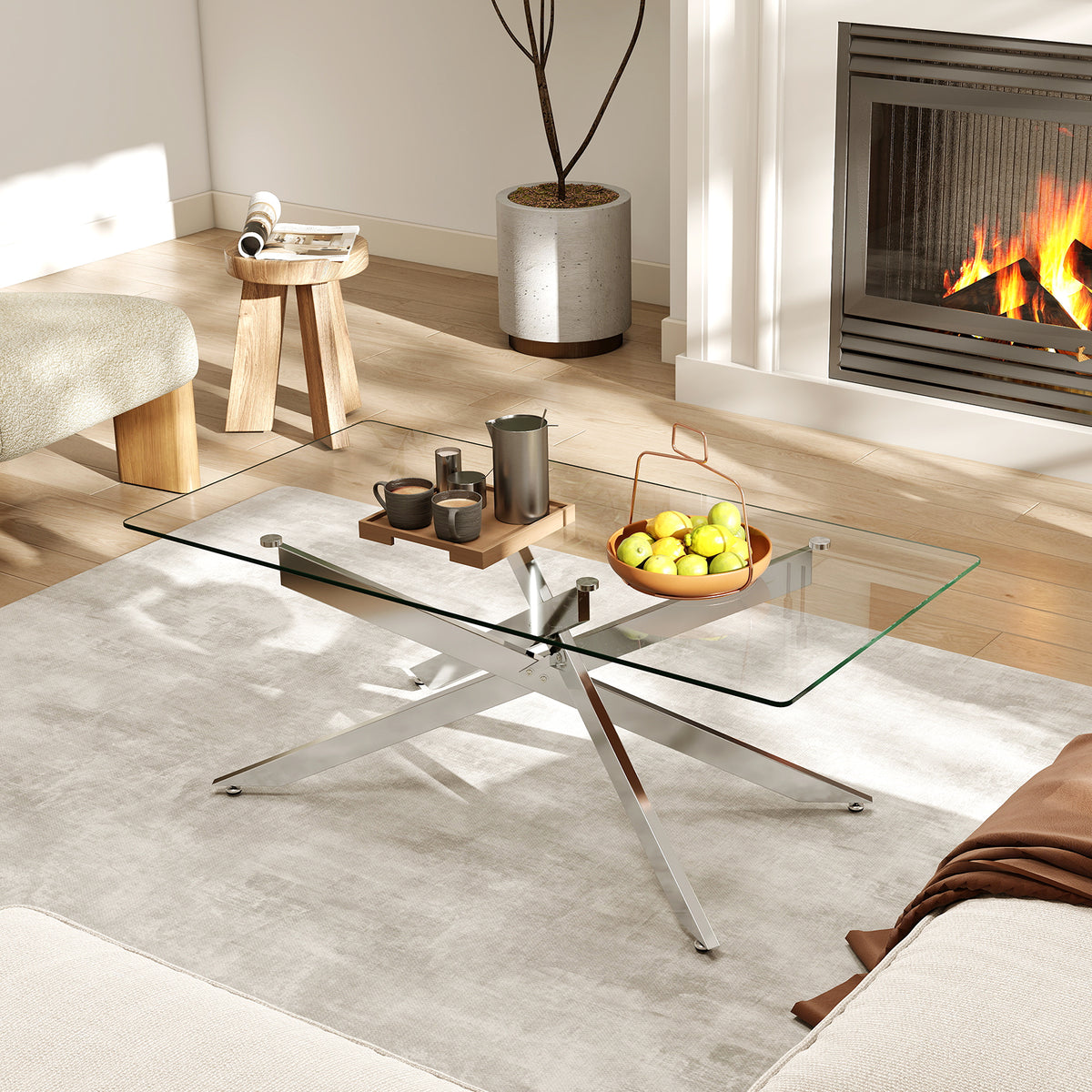 Rectangle Glass Coffee Table with Tempered Glass Top and Metal Tubular Legs-Silver