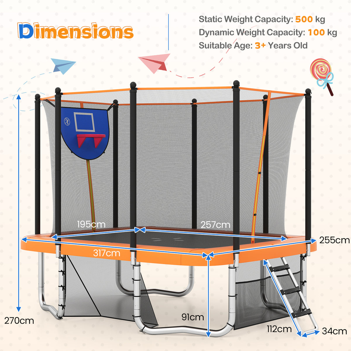 Rectangle Outdoor Trampoline 317 x 255 cm Backyard Trampoline-Orange
