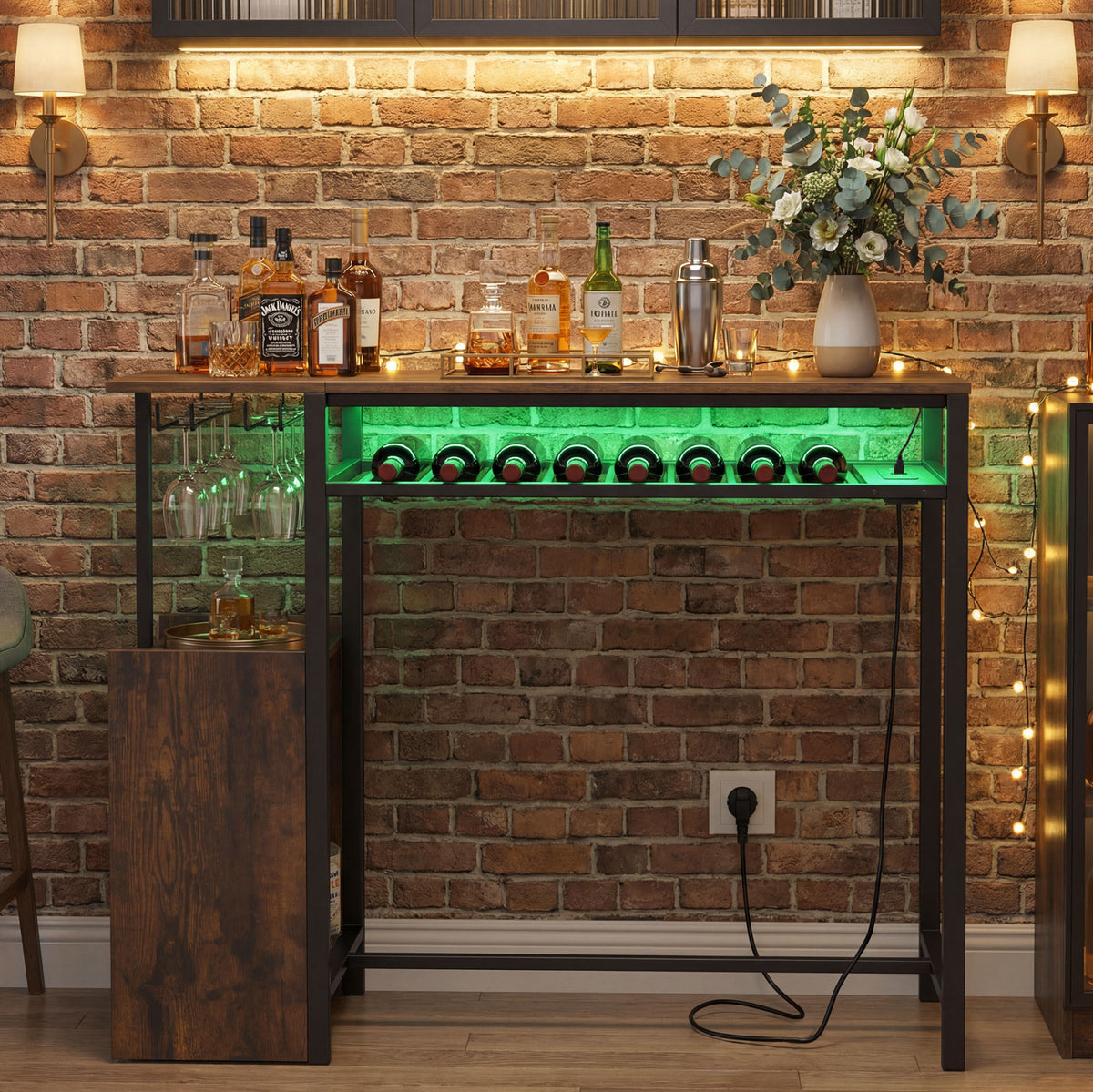 Rectangular Bar Table with RGB Light and 8-Bottle Wine Rack-Rustic Brown