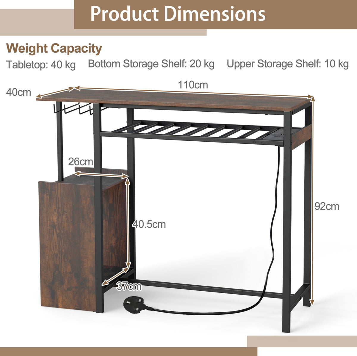 Rectangular Bar Table with RGB Light and 8-Bottle Wine Rack-Rustic Brown