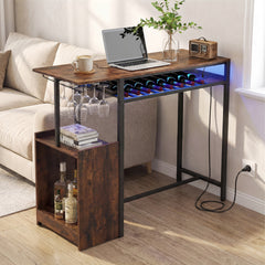Rectangular Bar Table with RGB Light and 8-Bottle Wine Rack-Rustic Brown