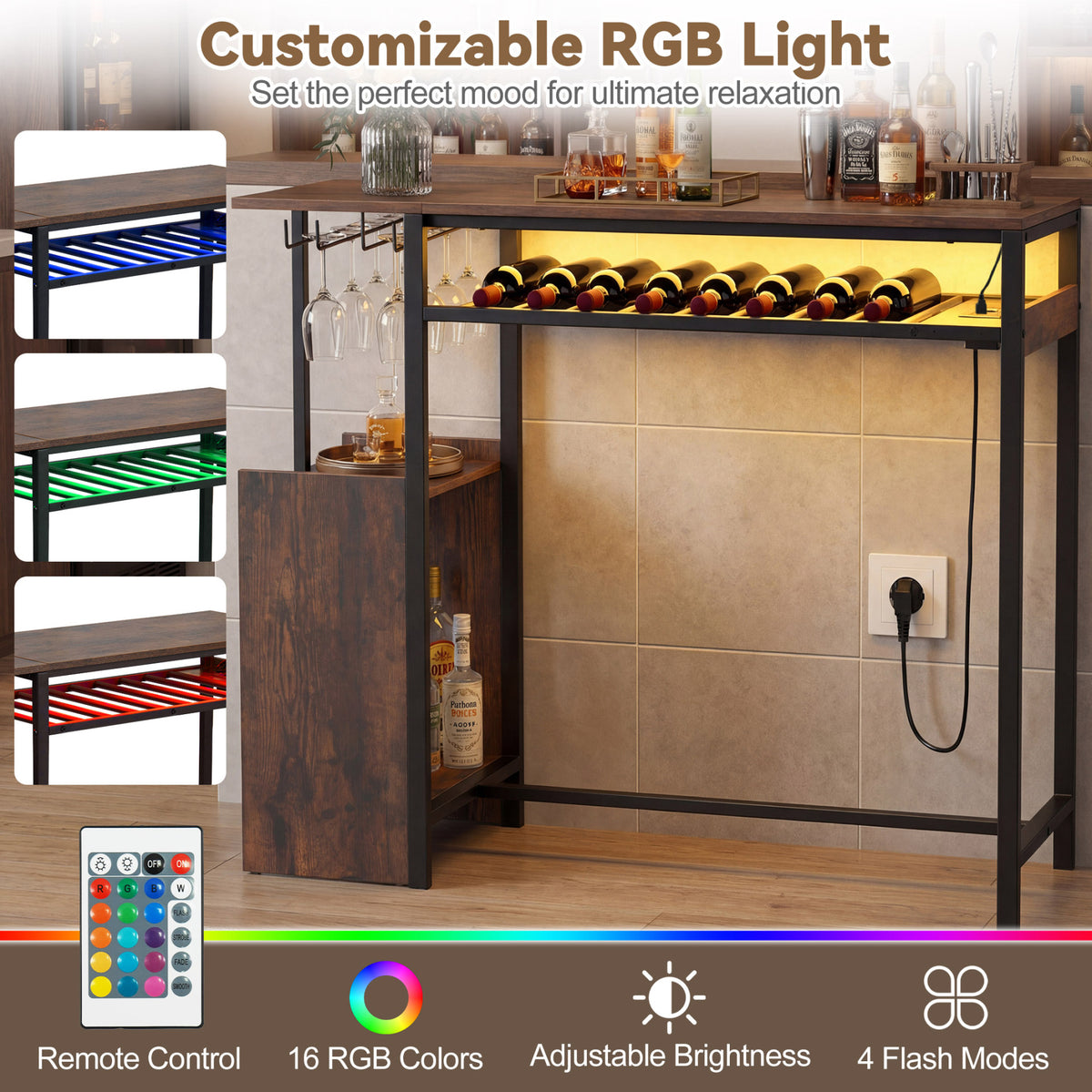 Rectangular Bar Table with RGB Light and 8-Bottle Wine Rack-Rustic Brown