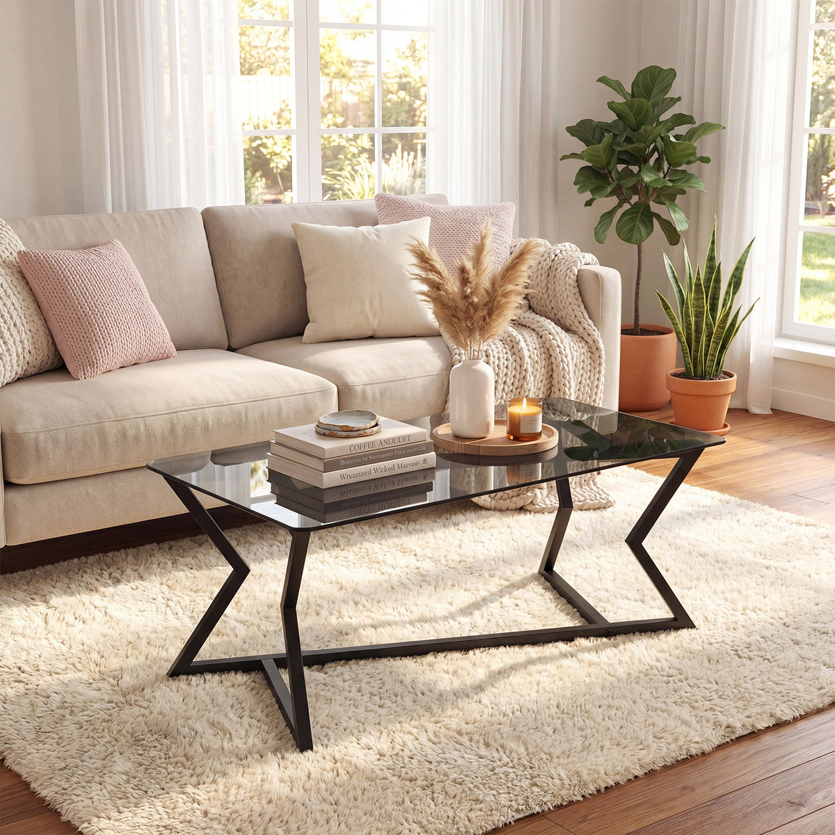 Rectangular Glass Coffee Table with Tempered Top and Metal Frame for Living Room-Grey&Black