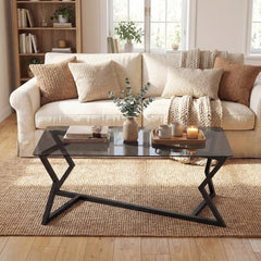 Rectangular Glass Coffee Table with Tempered Top and Metal Frame for Living Room-Grey&Black