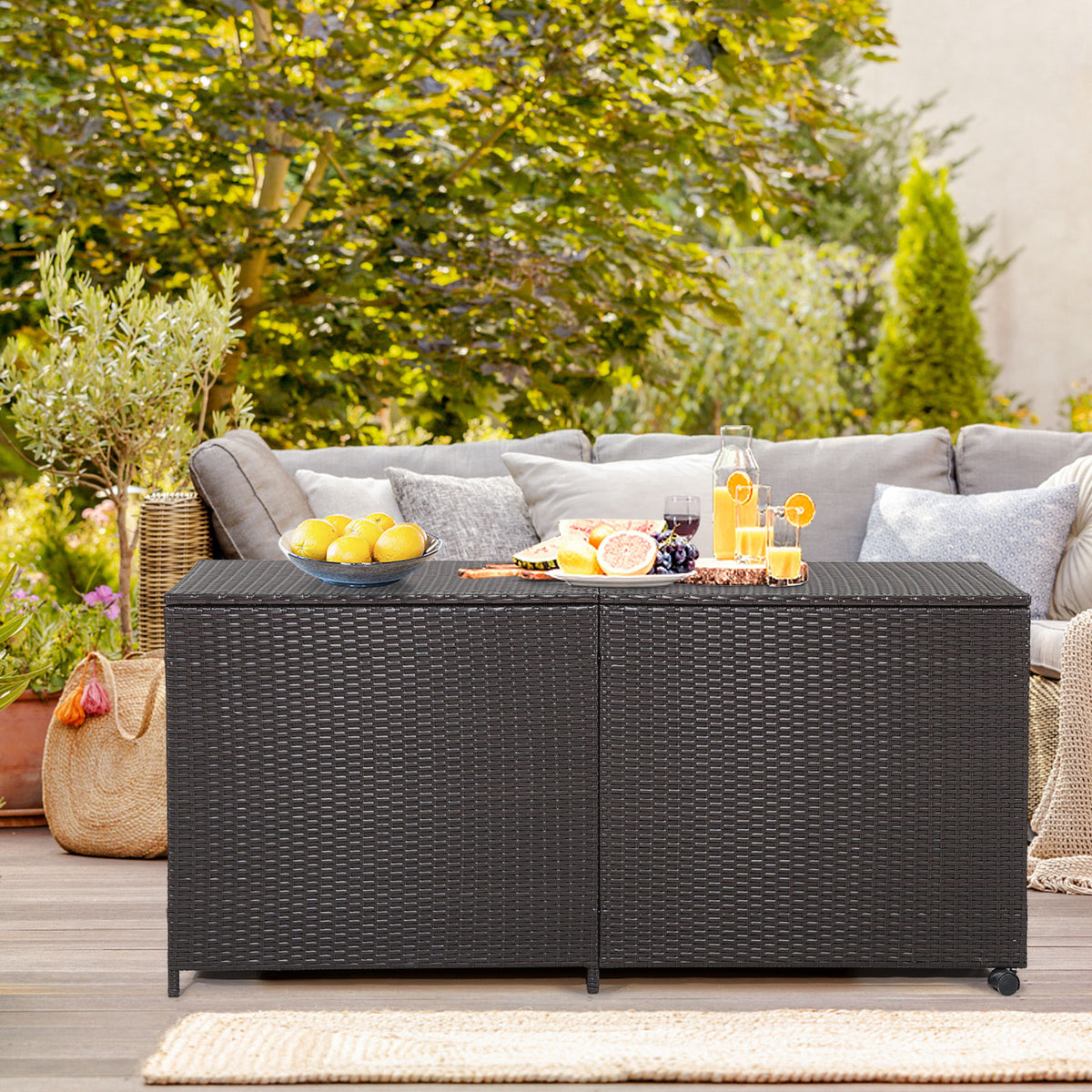Rectangular PE Wicker Deck Box with Wheels and Zippered Liner for Outdoor-Brown