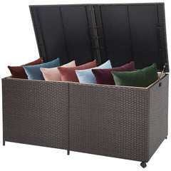 Rectangular PE Wicker Deck Box with Wheels and Zippered Liner for Outdoor-Brown
