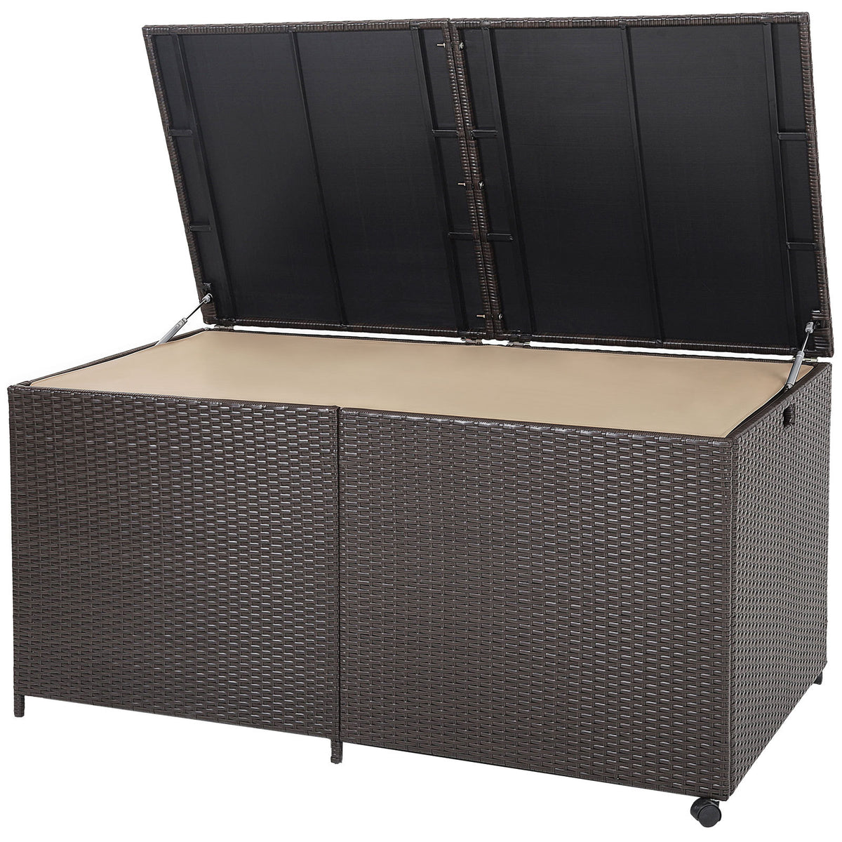 Rectangular PE Wicker Deck Box with Wheels and Zippered Liner for Outdoor-Brown