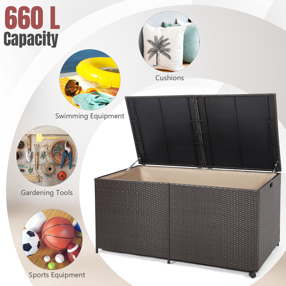Rectangular PE Wicker Deck Box with Wheels and Zippered Liner for Outdoor-Brown