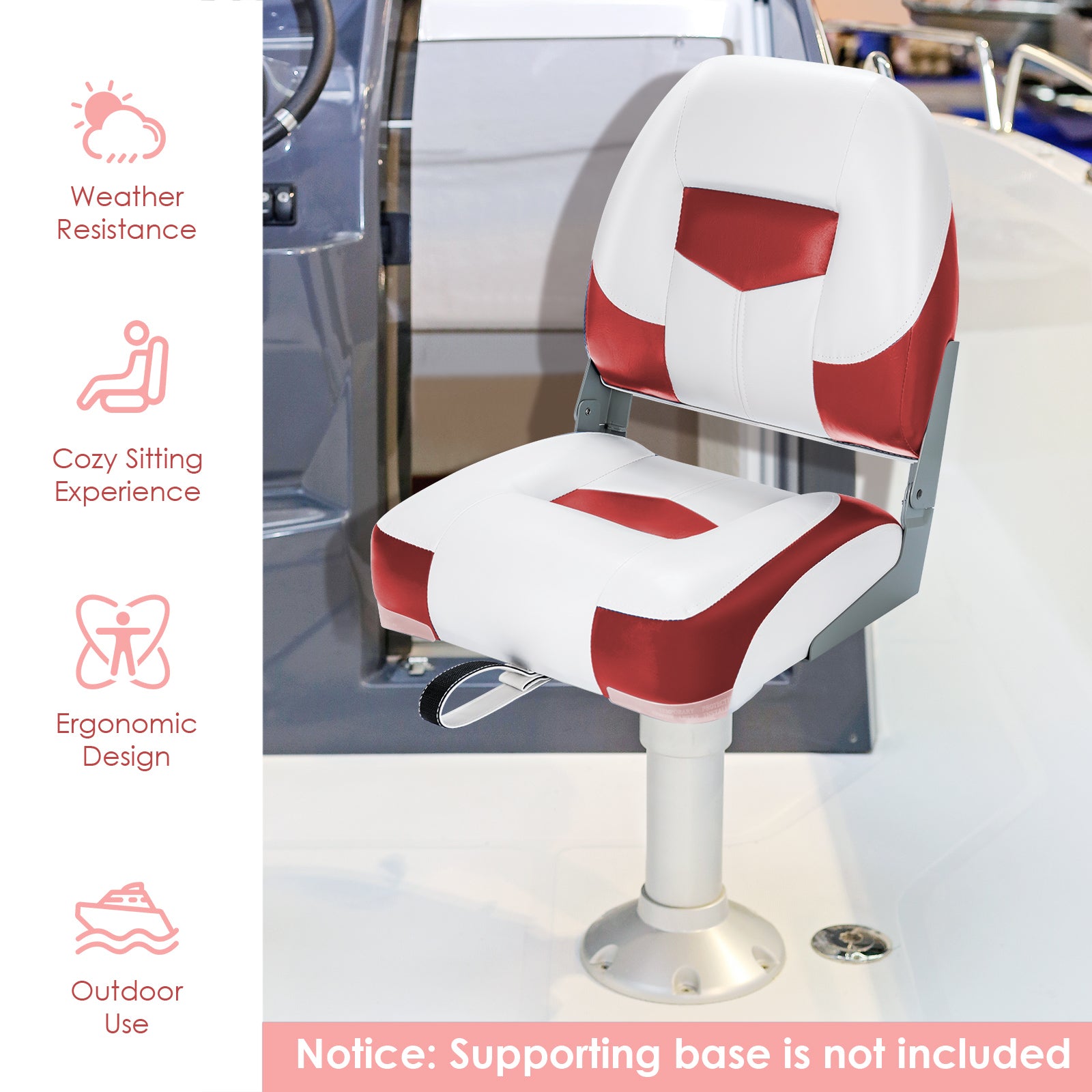 2 Pieces Folding Low-Back Boat Chair Set with Long Fixation Strap-Red