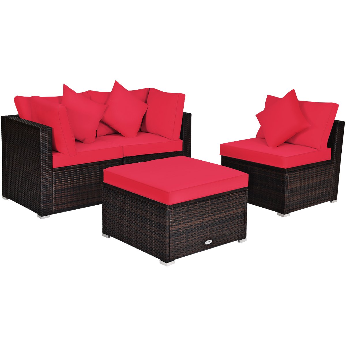 4 Pieces Outdoor Rattan Conversation Set with Removable Cushions and Pillows-Red