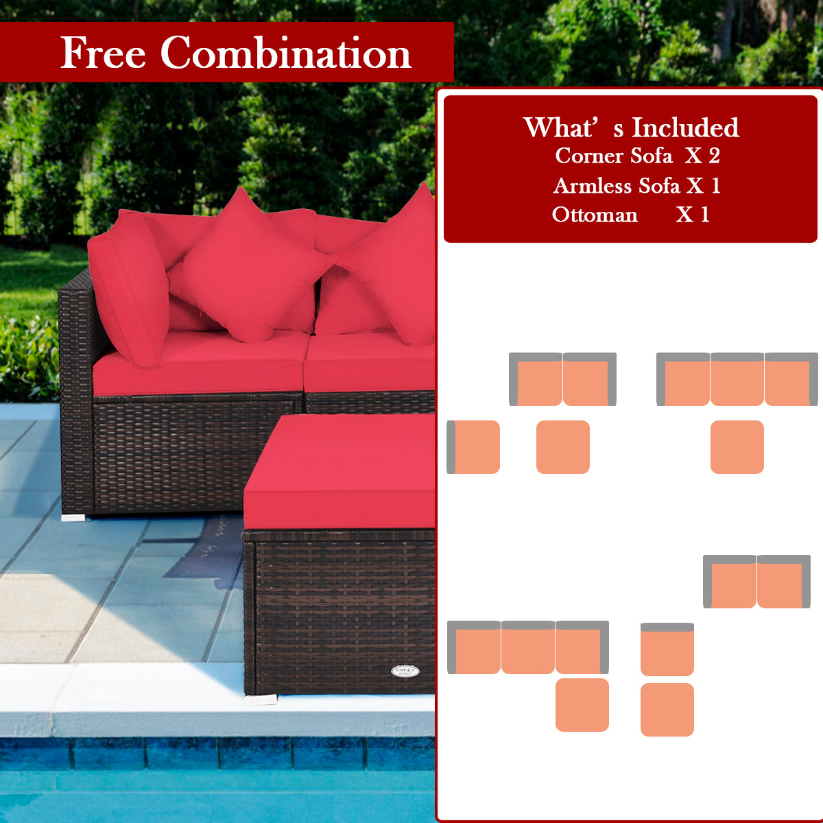 4 Pieces Outdoor Rattan Conversation Set with Removable Cushions and Pillows-Red