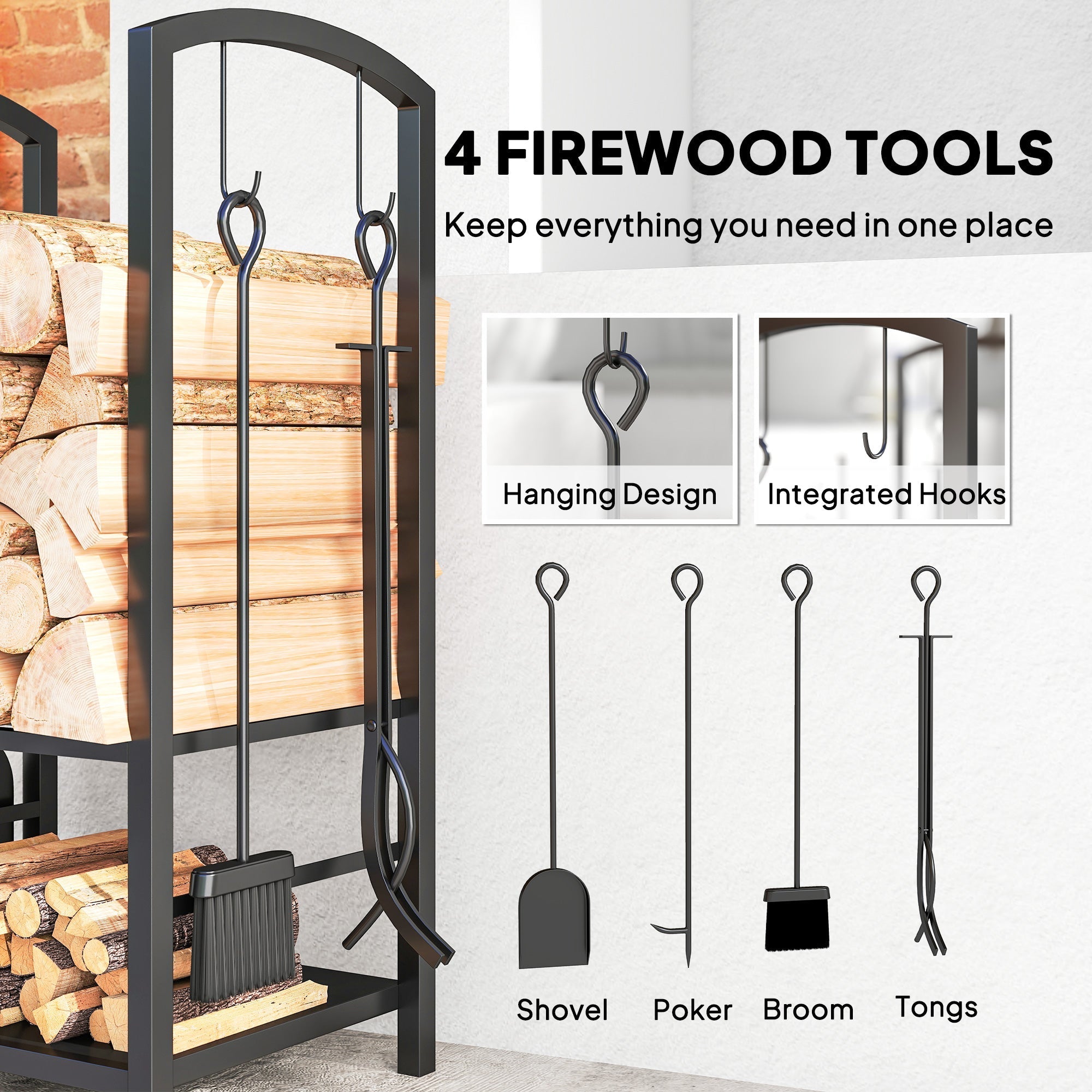 Outsunny Metal Firewood Log Holder 2 Layer Firewood Rack Indoor Outdoor Fireplace Wood Storage Shelf with 4 Tools and Hooks, Black, 40L x 30W x 74.5H cm