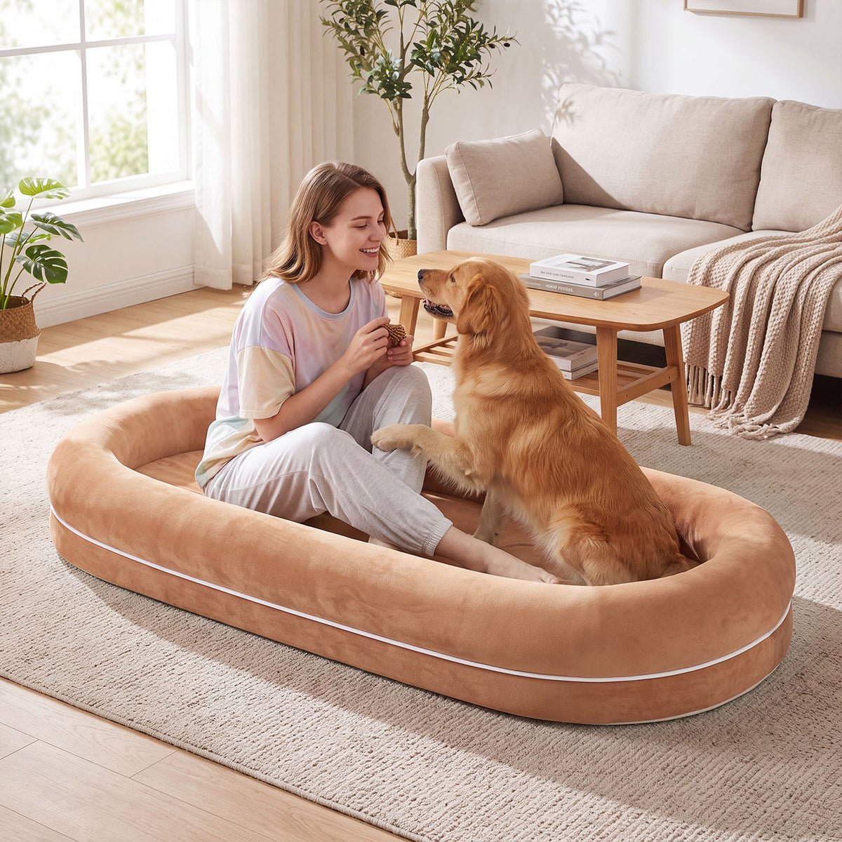 Removable Detachable Human Dog Bed for Adults and Large Dogs with Matching Plush Blanket-Brown