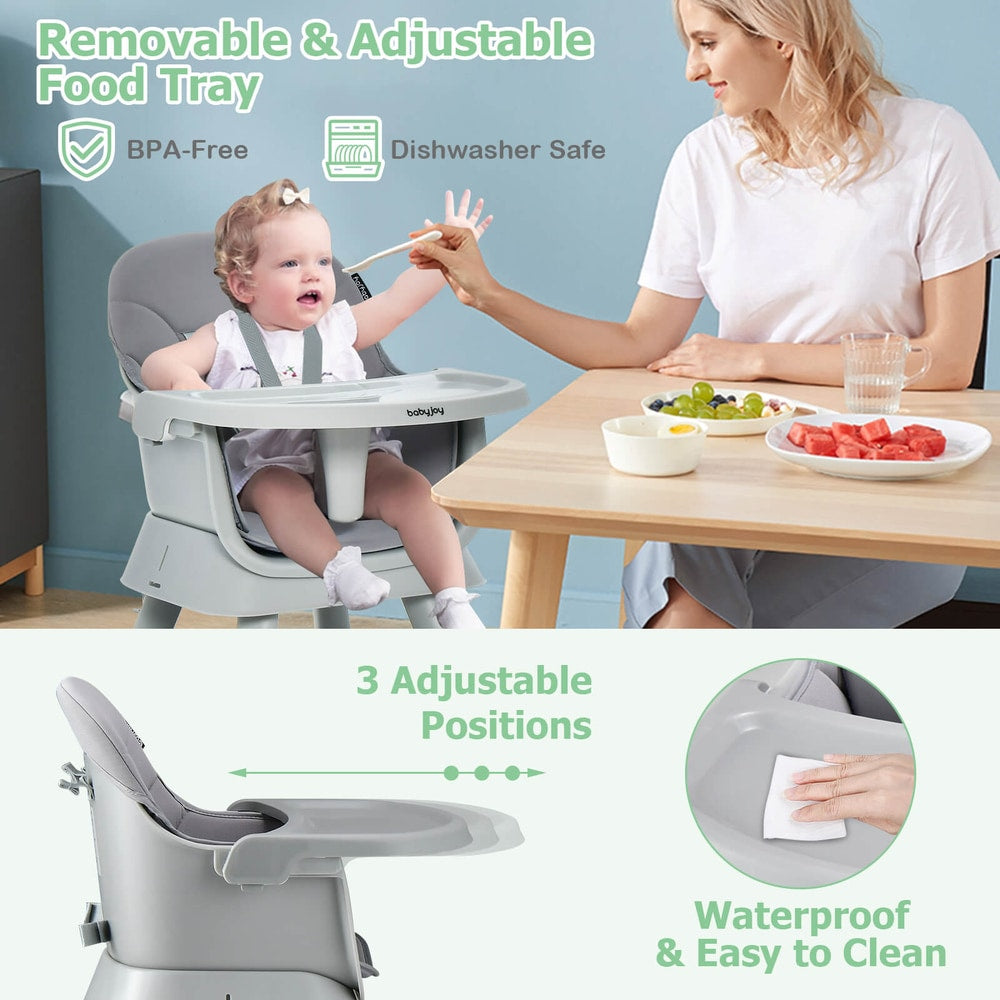 Close up of the grey high chair tray, showing it is removable and adjustable