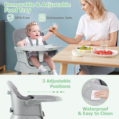 Close up of the grey high chair tray, showing it is removable and adjustable