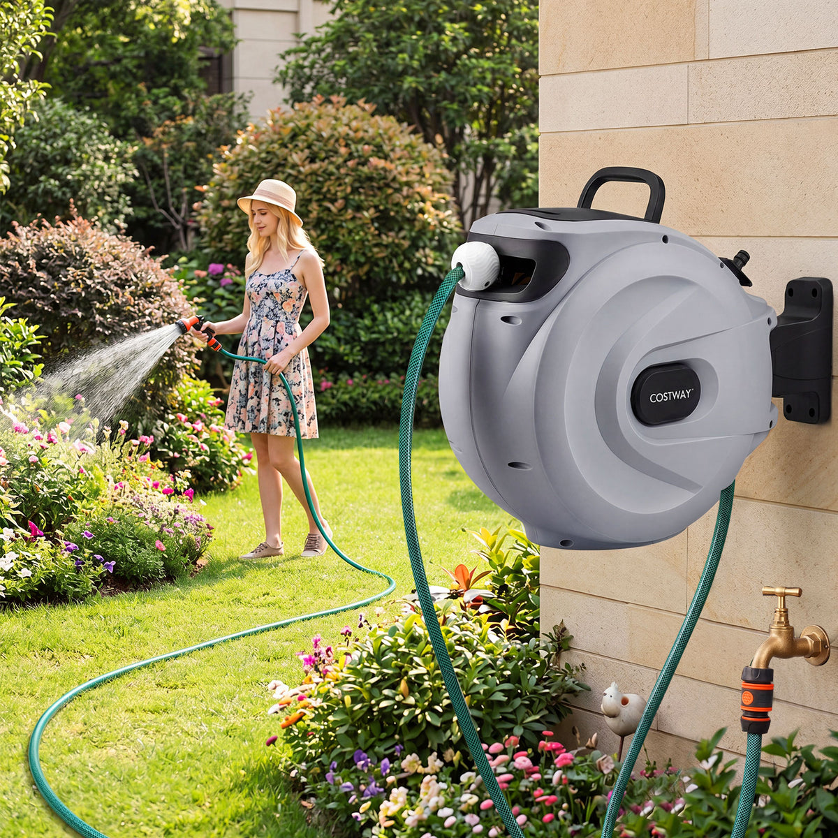 Retractable Garden Hose Reel 1.5 cm x 30 m Heavy Duty Wall Mount Hose Reel-Grey