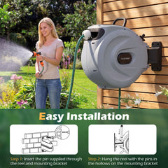 Retractable Garden Hose Reel 1.5 cm x 30 m Heavy Duty Wall Mount Hose Reel-Grey