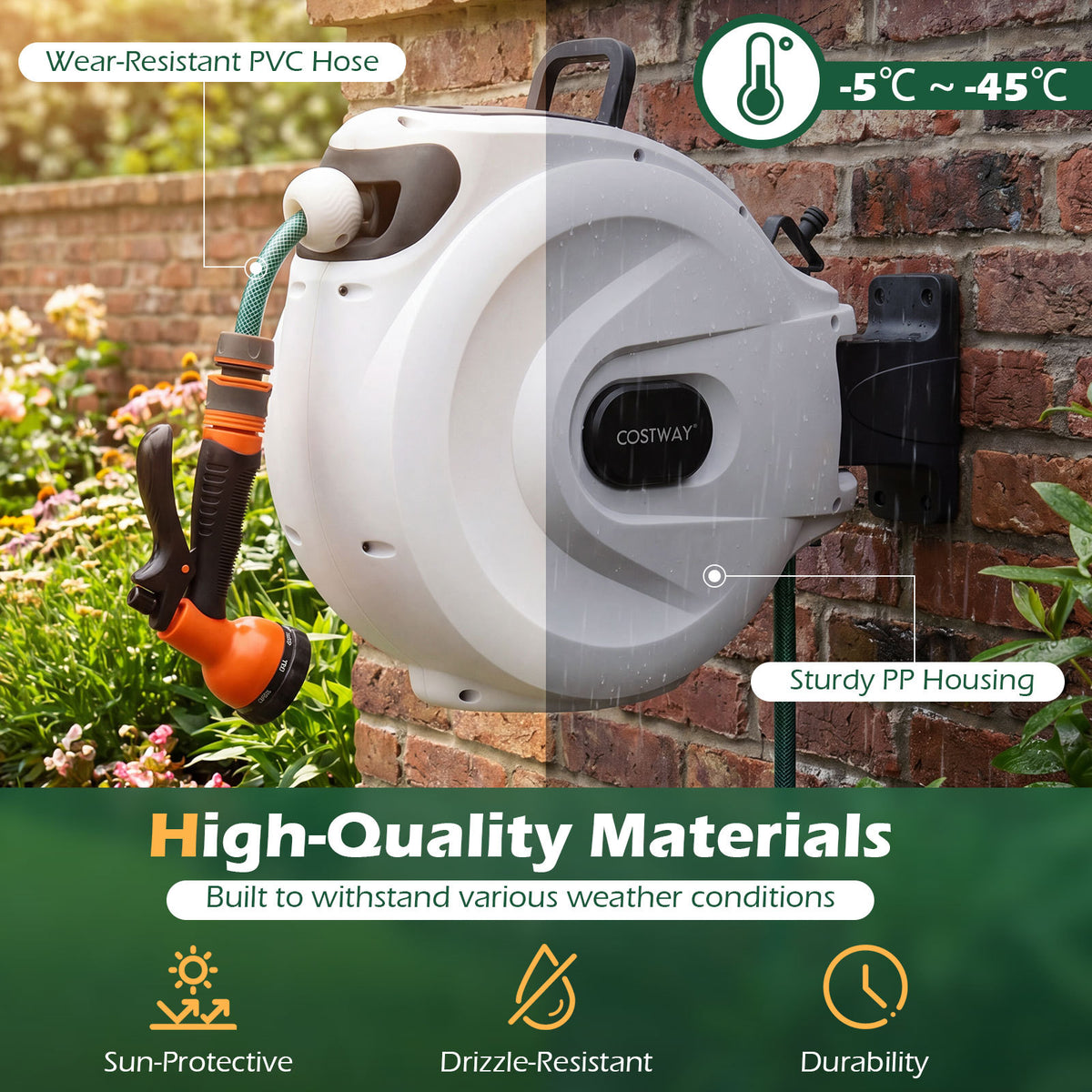 Retractable Garden Hose Reel 1.5 cm x 30 m Heavy Duty Wall Mount Hose Reel-White